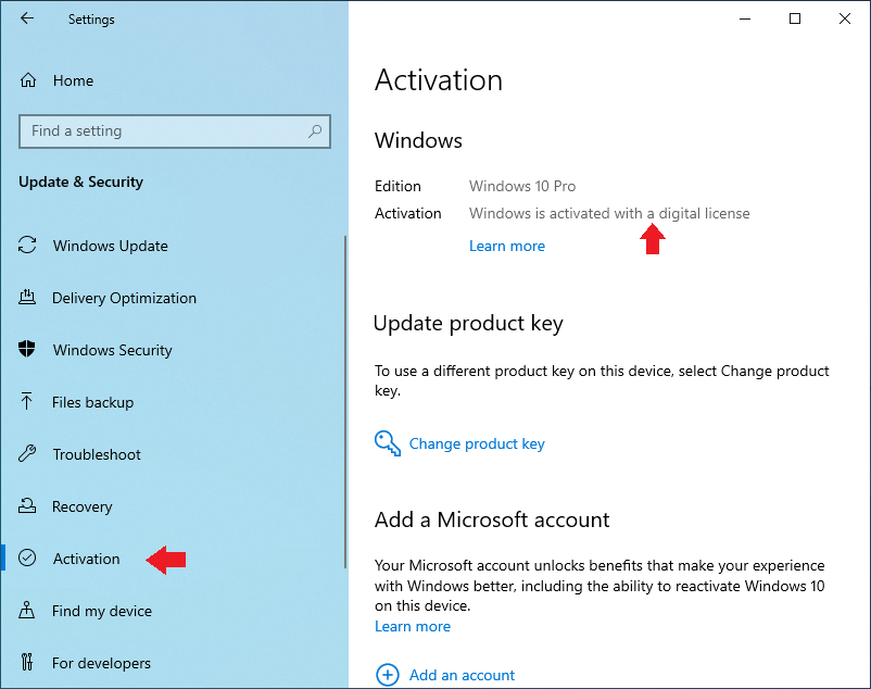 Screenshot: Check Windows 10 Activation Status