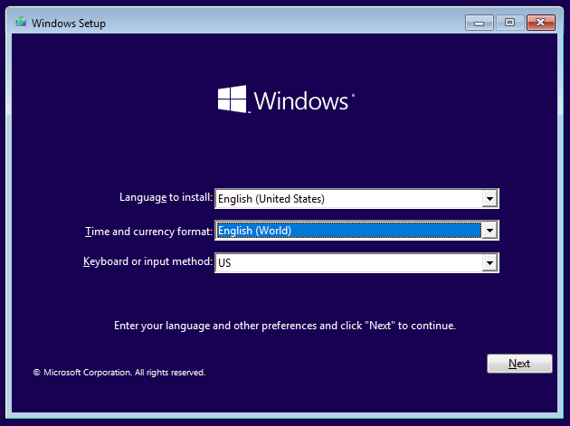 Screenshot: Windows Setup Language and Region Selection