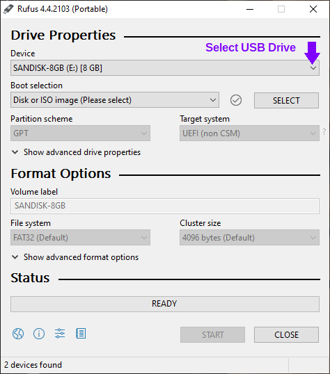 Rufus Screenshot: Selecting your drive.