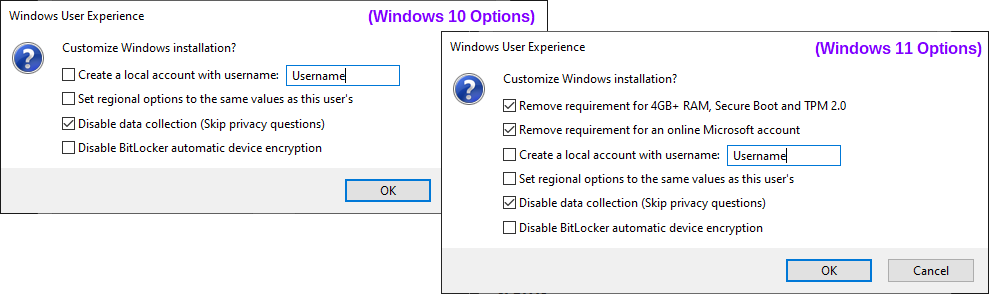 Rufus Screenshot: Windows User Experience Options