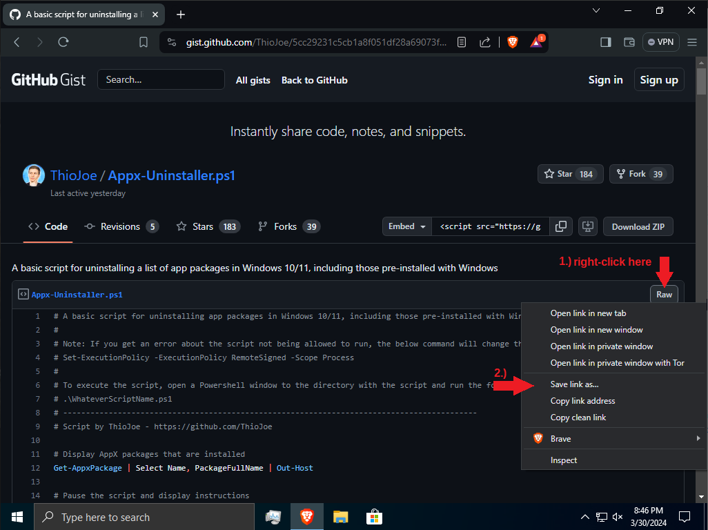 Screenshot: How to download ThioJoe’s PowerShell script on Github